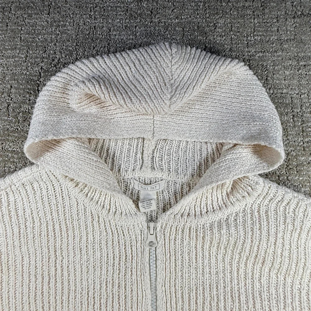 Full Tilt Cropped Knit Hoodie Sweater Womens M Ivory Zip Up Distressed Hem Y2K - Picture 4 of 11